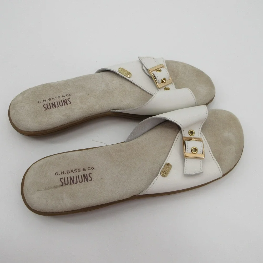 GH Bass Sunjuns Safina Women White Leather Slide Sandals Gold Buckle Flat Sz 10